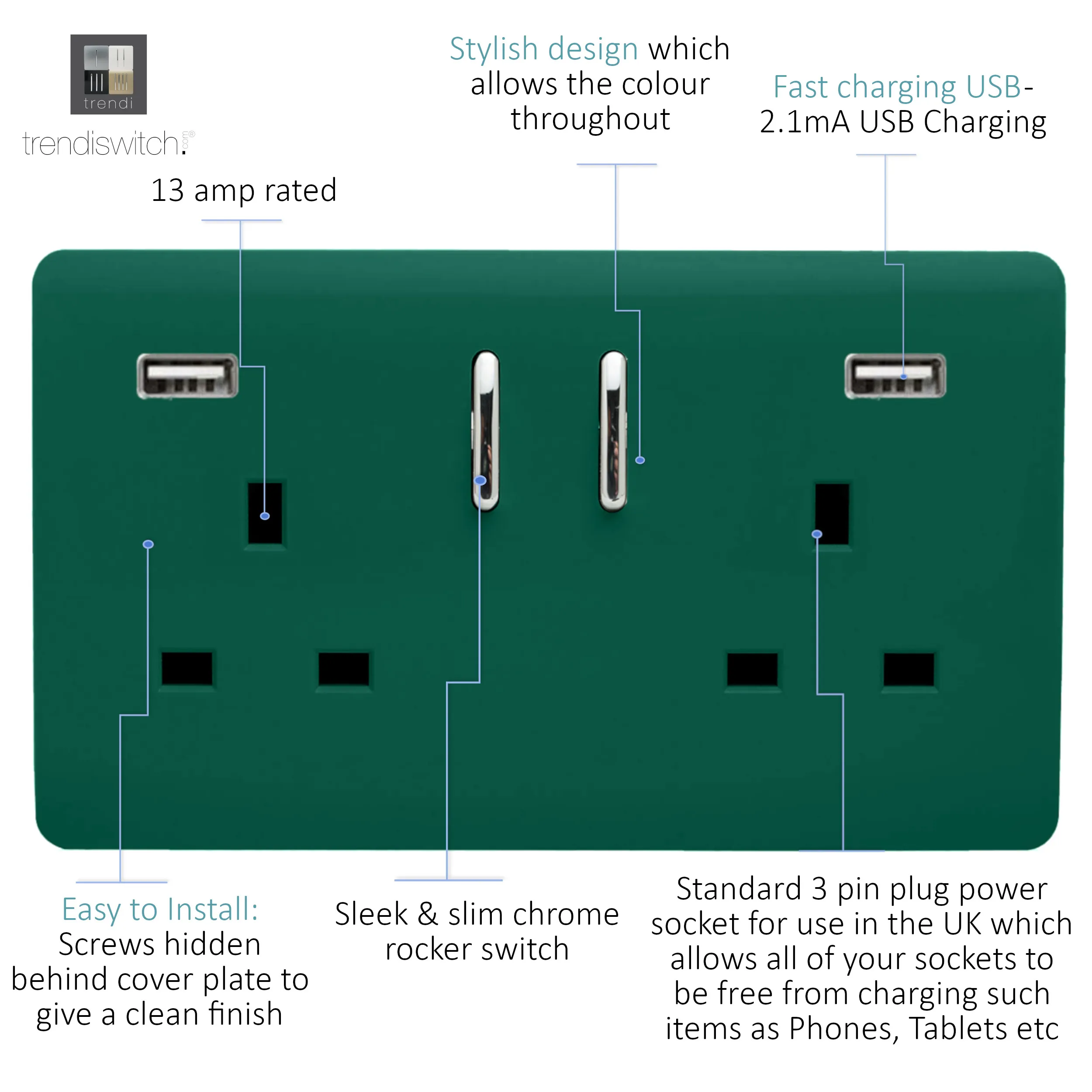 2 Gang 13Amp Short S/W Double Socket With 2x3.1Mah USB Dark Green ART-SKT213USB31AADG  Trendi Dark Green